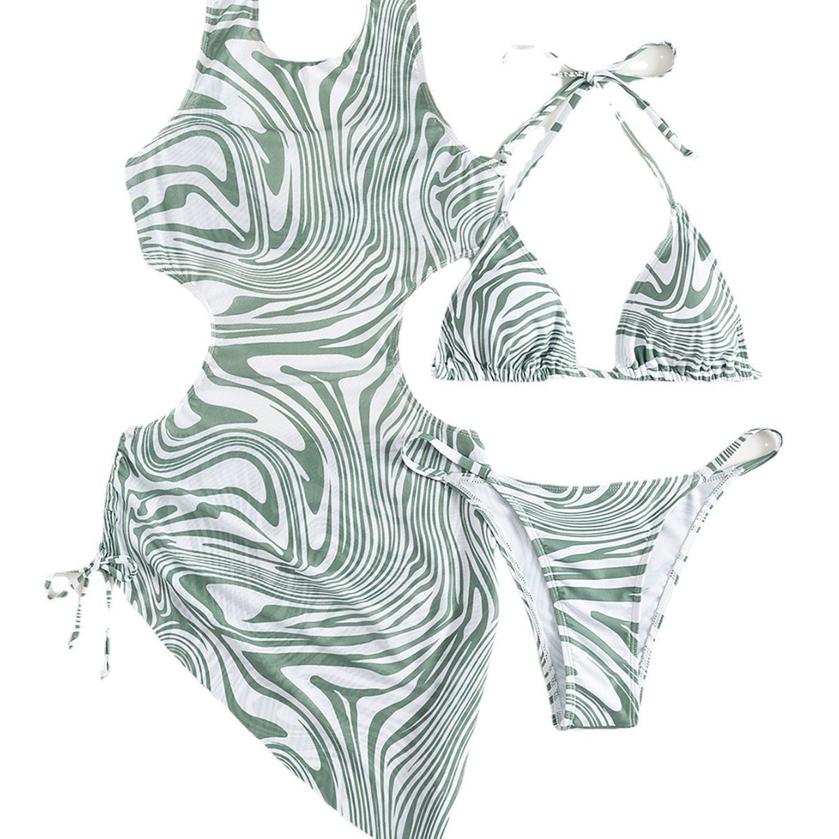 Wholesale Light green zebra print swimsuit three piece set